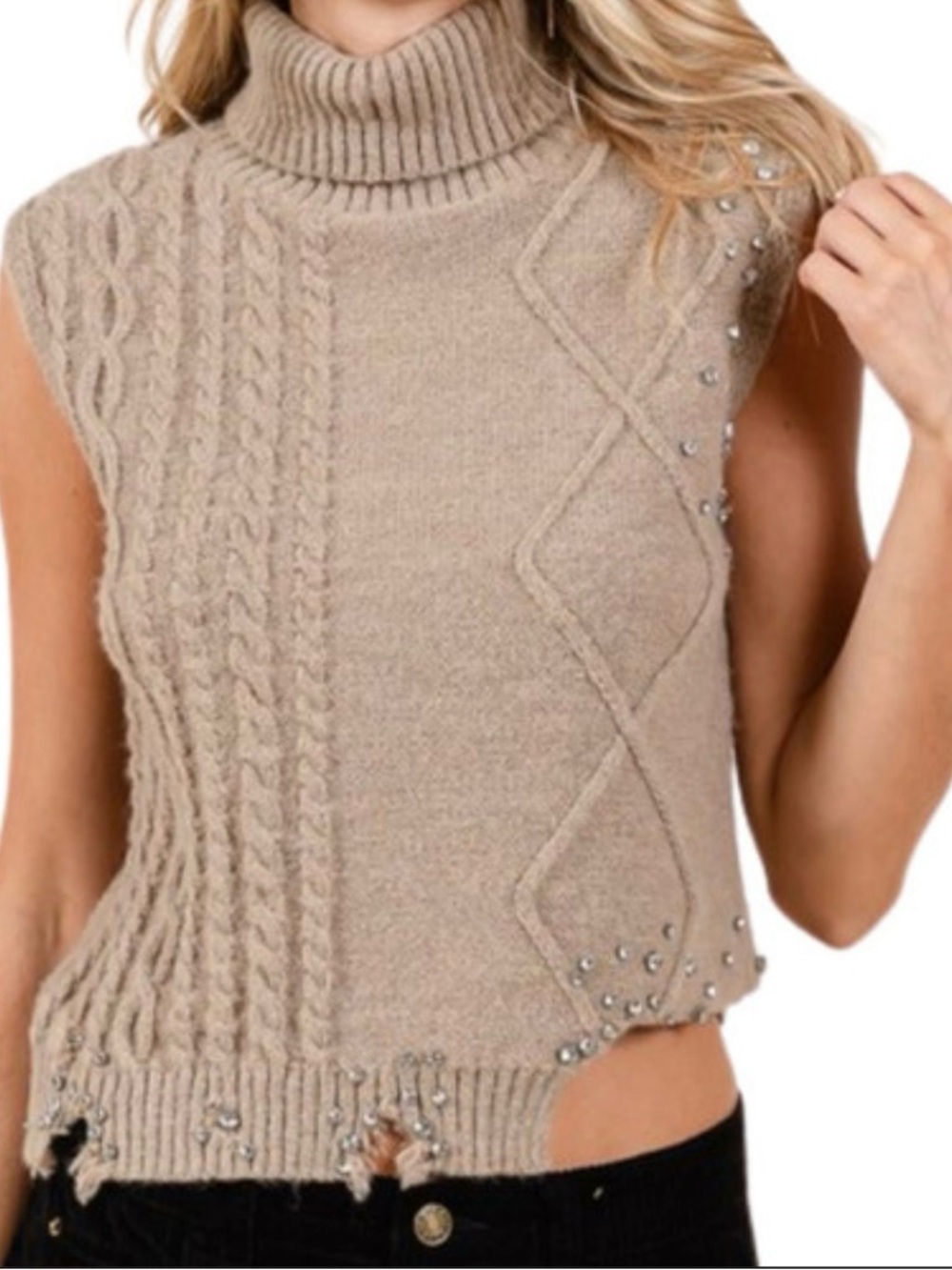 Zara Beige Cable-Knit Sleeveless Turtleneck Sweater